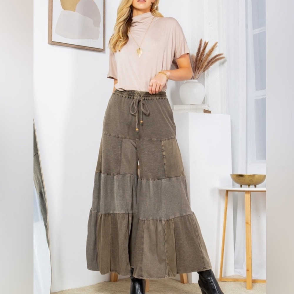 Gorgeous Cotton & Waffle Knit Patched Brown Wide Pants with Drawstring W… - Picture 5 of 10